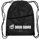 A black drawstring bag with the word sushi sound on it.