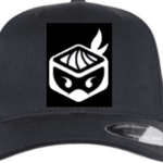 A black hat with a white logo on it.