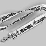 A white lanyard with a black and white logo.